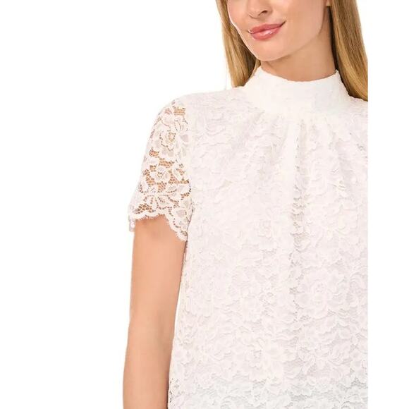 CeCe Women White Lace Mock Neck Back Tie Cap Short Sleeve Elegant Blouse Size XL - Picture 3 of 3